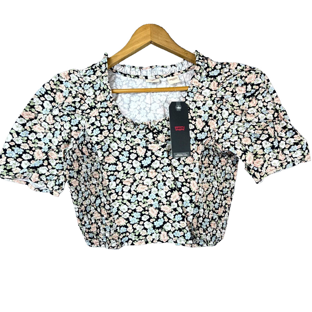 Levi's Black Floral Cropped Smocked Bust Short Sleeve Top
